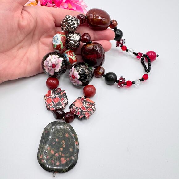 Handmade Chunky Beaded Necklace Unakite Cloisonné Ceramic Glass Eclectic Heavy - Picture 9 of 16